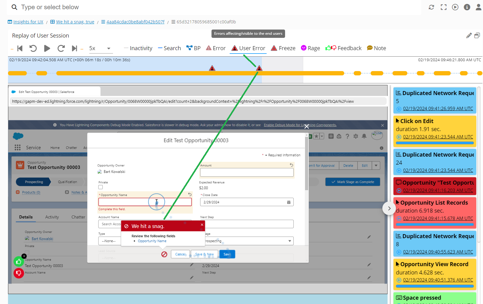 Errors seen by User on Session Replay - Germain UX