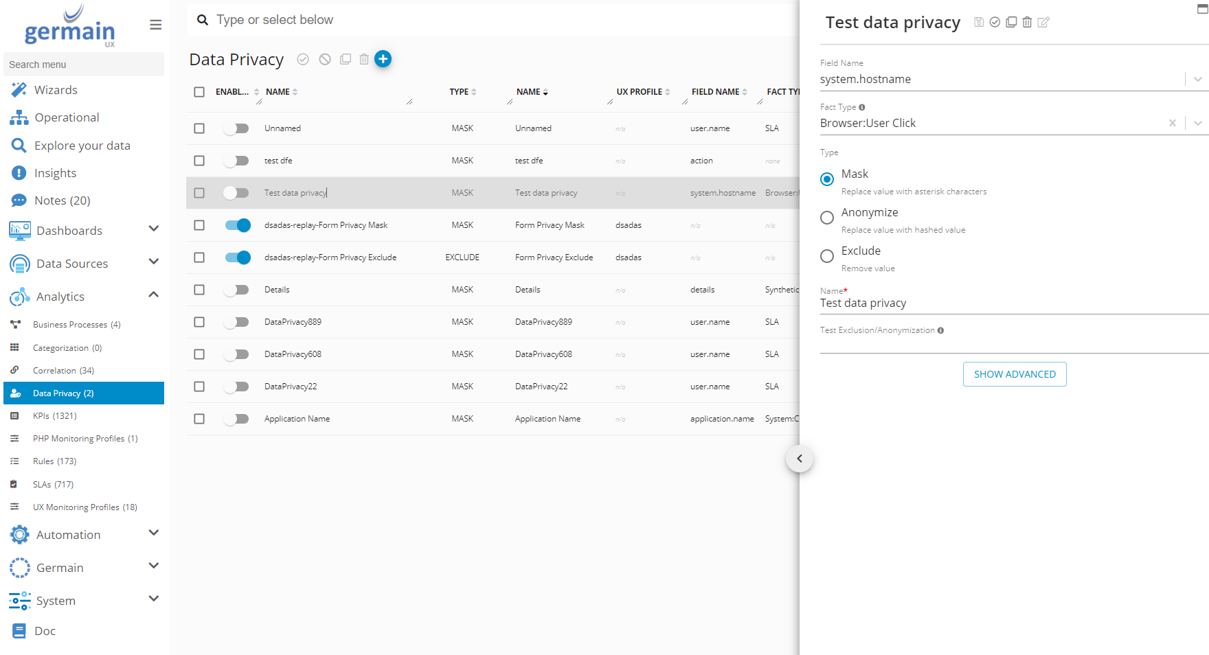 Data Privacy Exclusion configuration