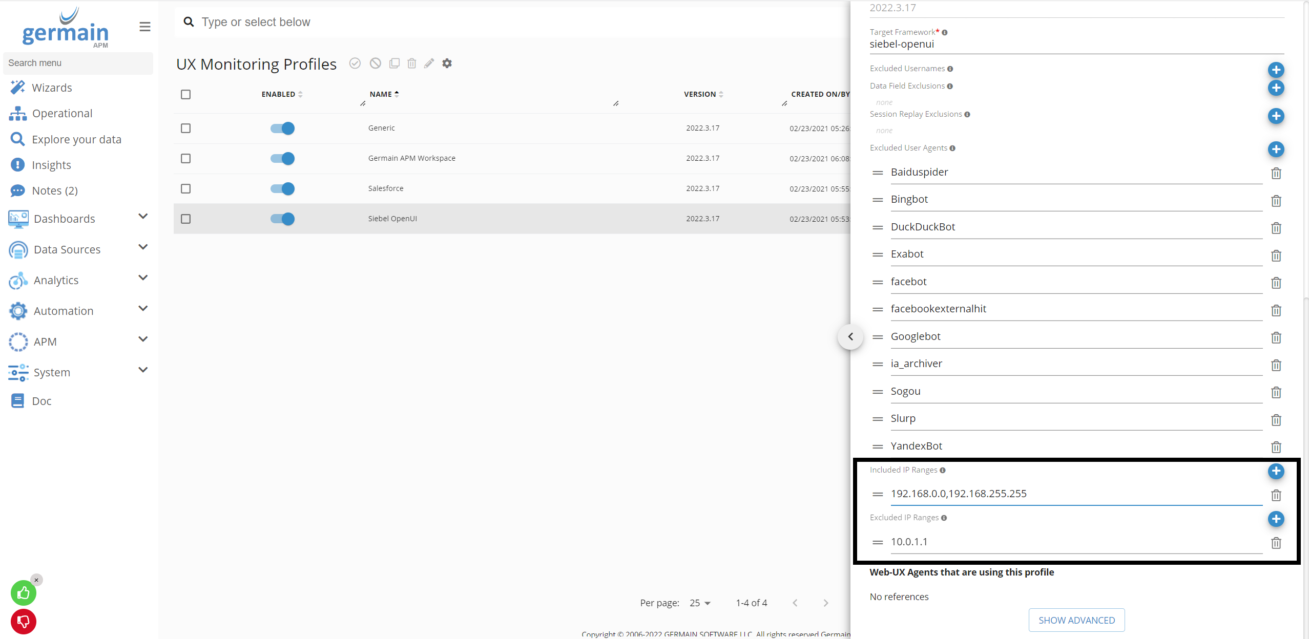 Blacklist and Whitelist IP Configuration for UX Monitoring Profile