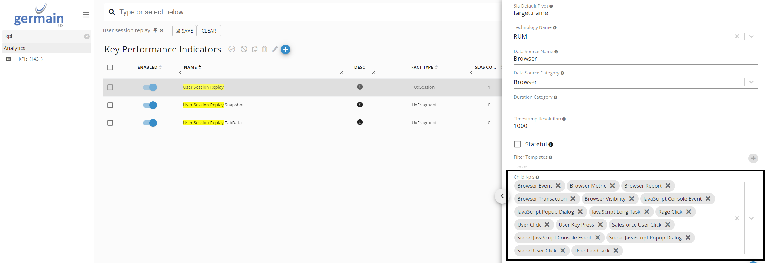 Child KPIs settings for User Session Replay KPI