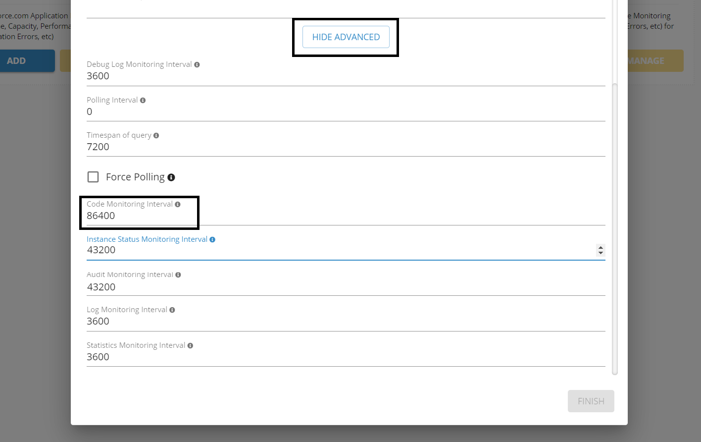 Code Monitoring Interval settings