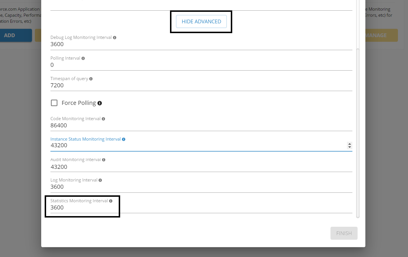 Salesforce Stats Monitoring settings