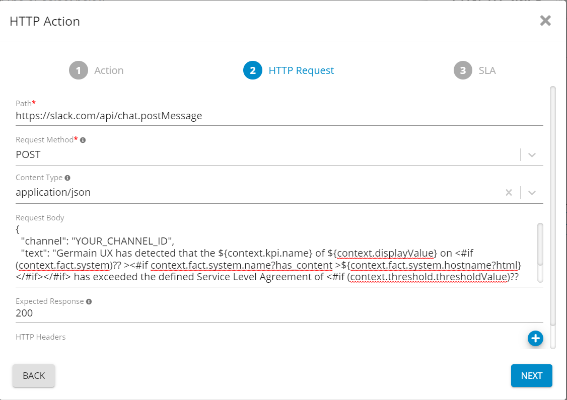 Second page of creation wizard of a new HTTP Action showing the required fields