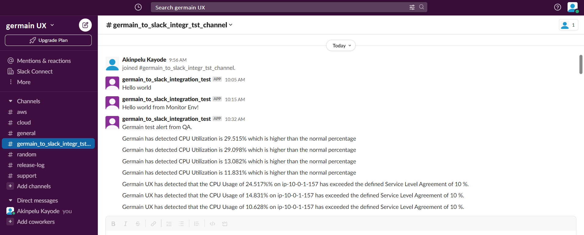 Example of Slack Integration for Germain UX
