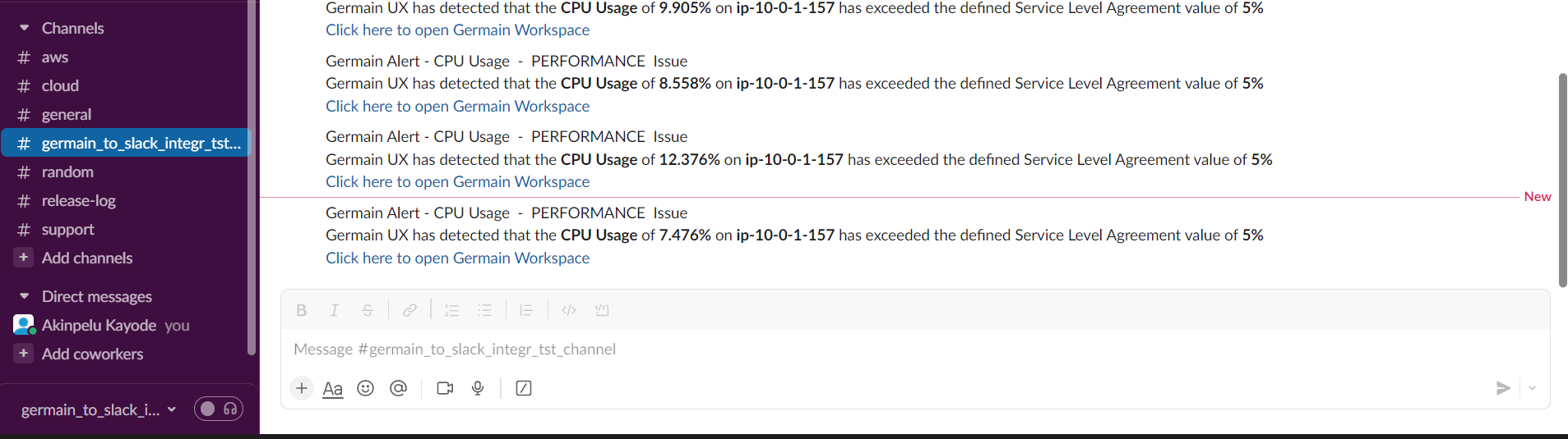 Example of Slack Integration for Germain UX
